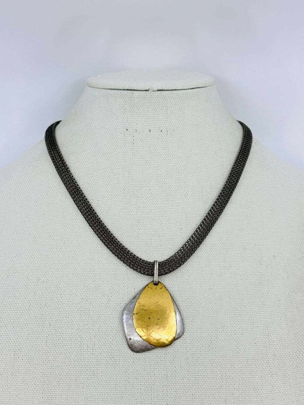 Marjorie Baer Necklace Mixed Tone Stacked Pendant Modernist Brutalist Mesh Chain